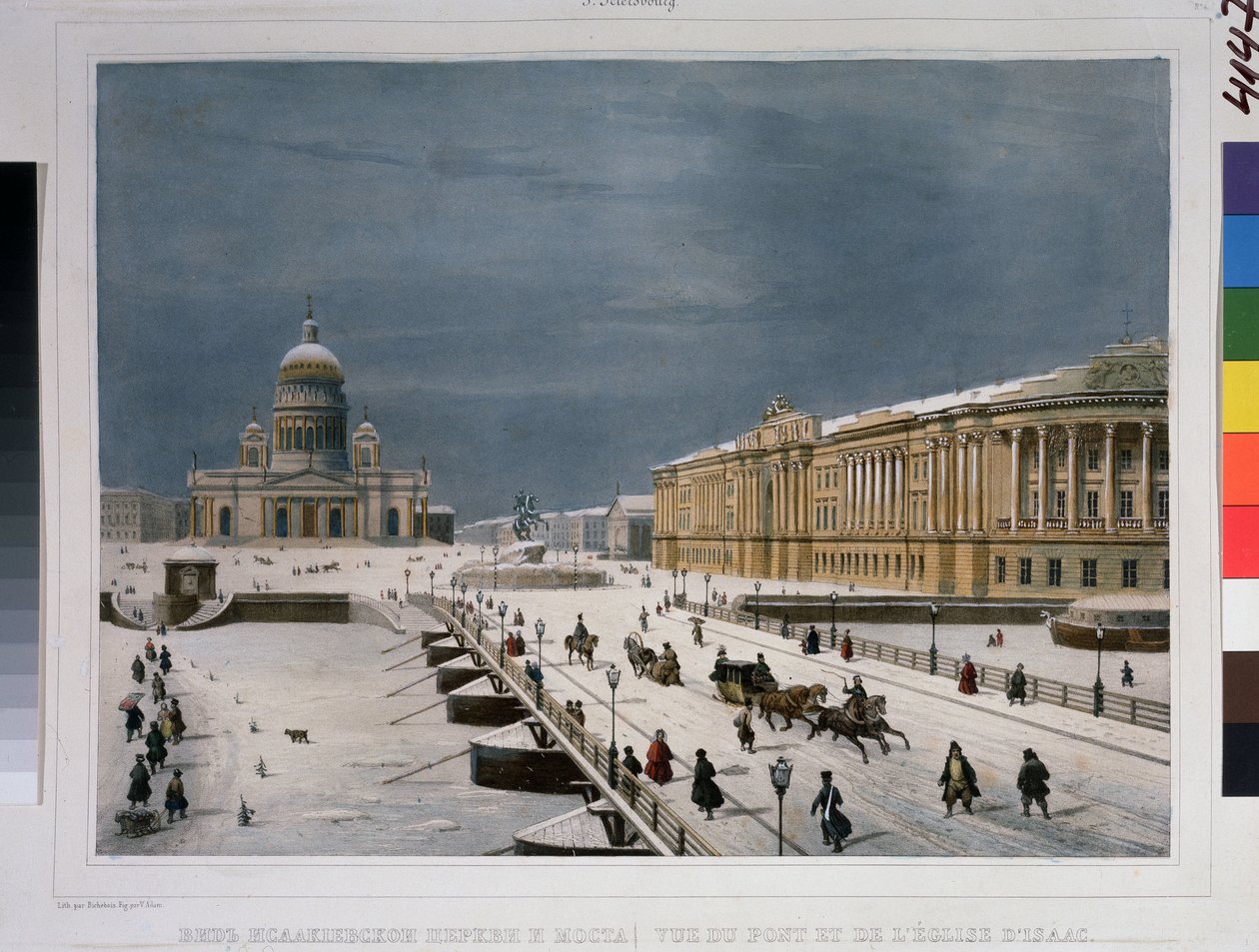Katedrála svatého Izáka a Senátní náměstí v Petrohradě. Kresba Louis Pierre Alphonse Bichebois (Louis-Pierre-Alphonse) (1801-1850). Litografie kolorovaná akvarelem, od Louis Philippe Alphonse Bichebois
