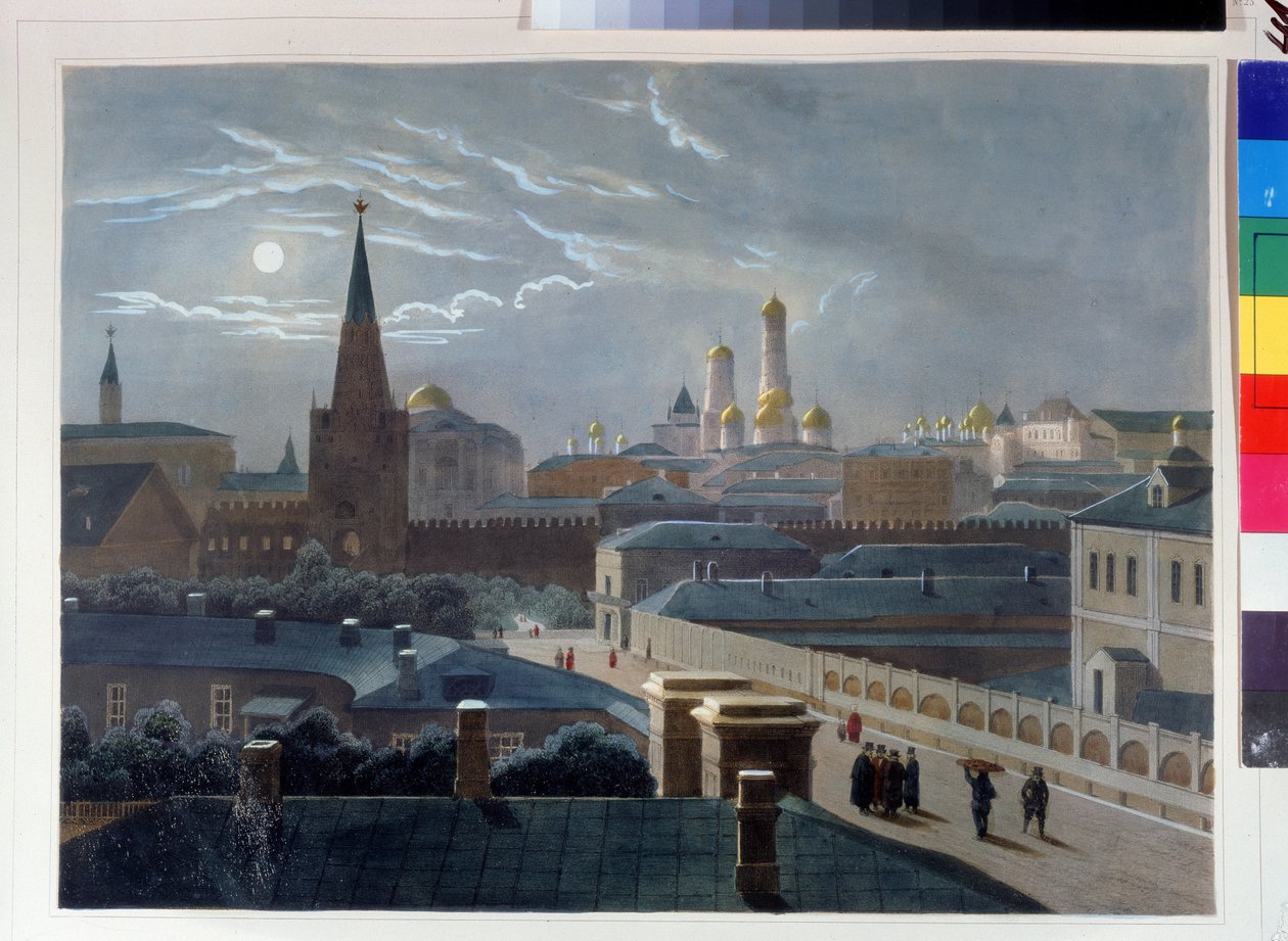 Pohled na moskevský Kreml. Kresba Louis Pierre Alphonse Bichebois (1801-1850). Litografie kolorovaná akvarelem, cca 1830-1840, francouzské umění, klasicismus. A. Pushkin Memorial Museum, Petrohrad. ©FineArtImag od Louis Philippe Alphonse Bichebois