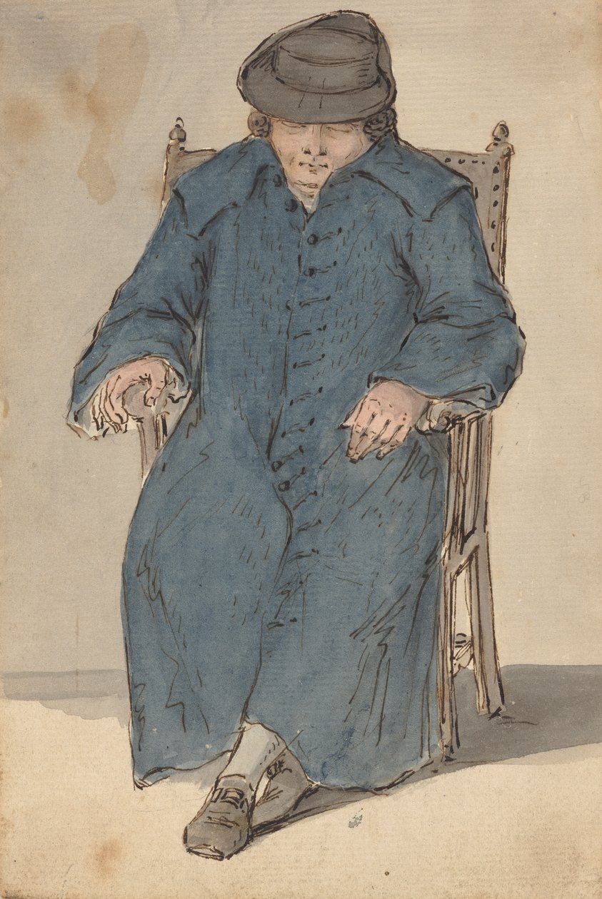 Muž spí v dlouhém modrém kabátě od Louis Philippe Boitard