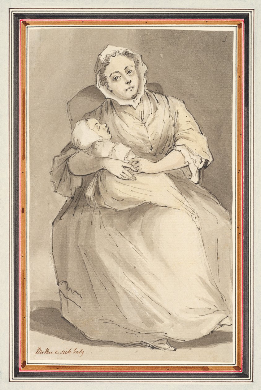 Sedící žena a dítě (tužka, pero, inkoust a akvarel na papíře) od Louis Philippe Boitard