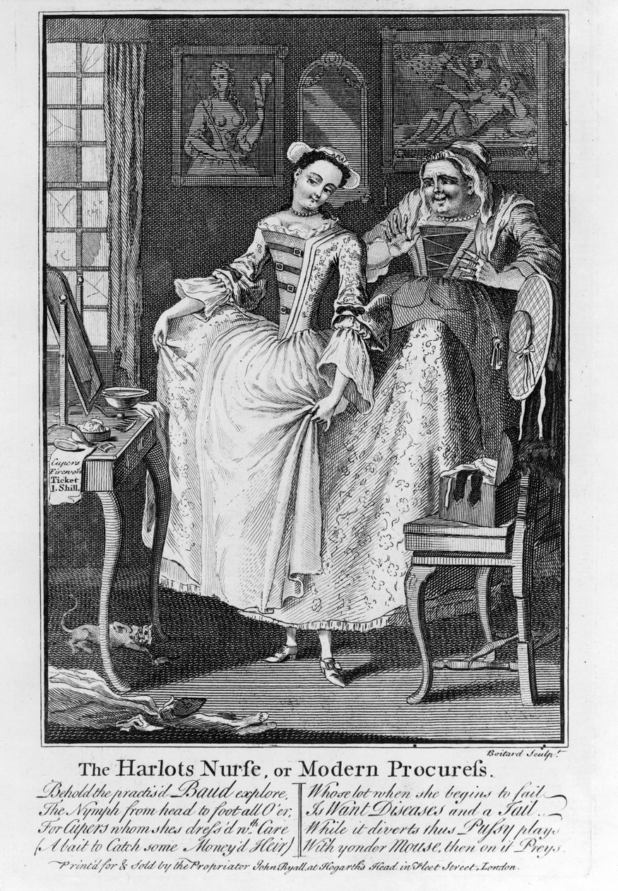 The Harlots Nurse or Modern Procuress, pub. 1750 (rytina bw) od Louis Philippe Boitard