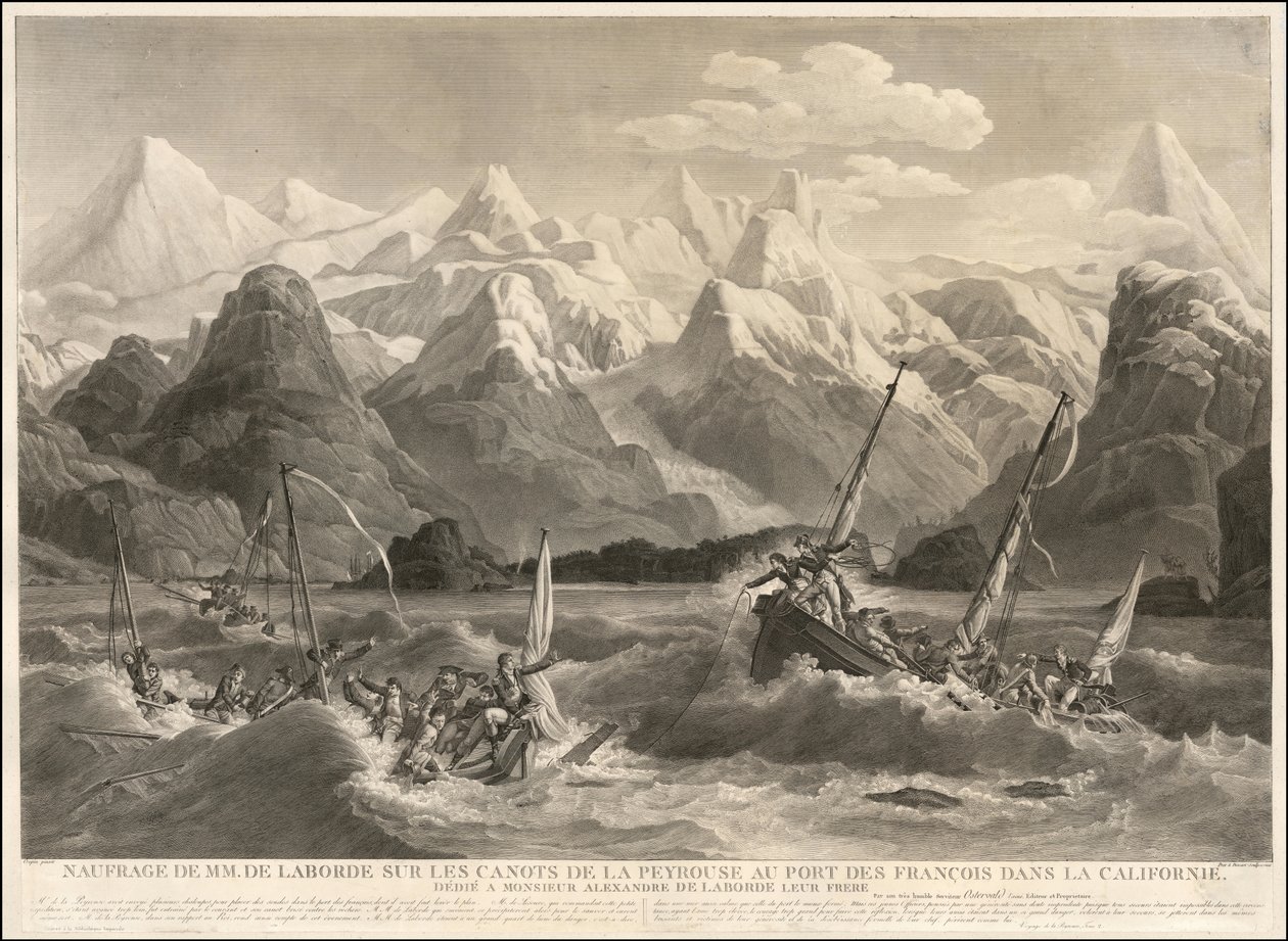 Rytina z roku 1786 zachycující ztroskotání dvou malých lodí, které byly součástí expedice La Perouse. od Louis Philippe Crepin