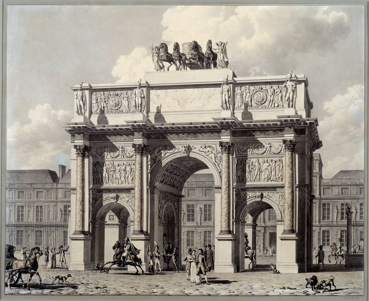 Pohled na vítězný oblouk kolotoče v Paříži. Kresba perem a tuší s lazurou od Pierra Louise Balarda (1764 - 1846) od Louis Pierre Baltard
