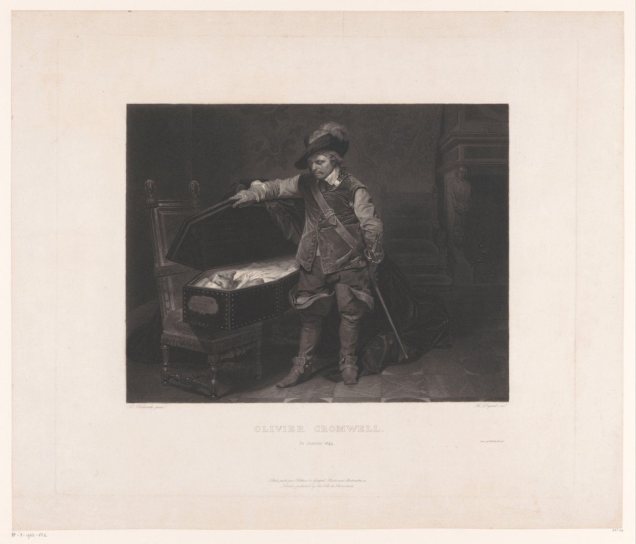 Oliver Cromwell u rakve Karla I., anglického krále Oliver Cromwell. 30. ledna 1649 (název na objektu) od Louis Pierre Henriquel Dupont