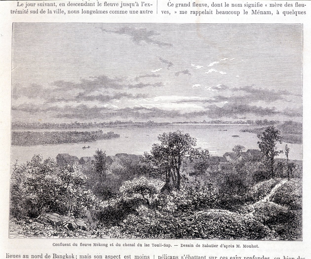 Soutok řeky Mekong a jezera Touli Channel - slap. Kresba Sabatierem podle p. Mouhota. “Tour du monde” od Louis Remy Sabatier