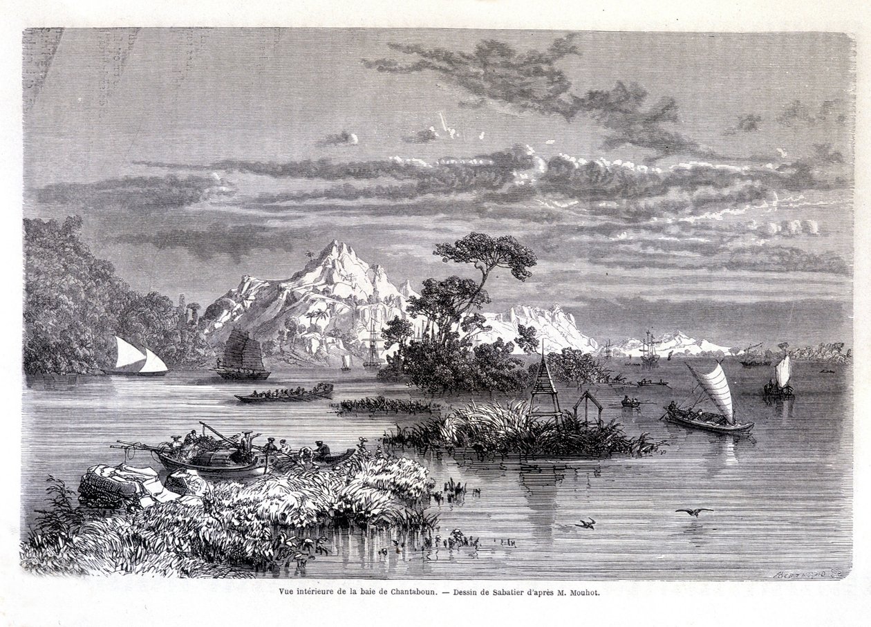 Vnitřní pohled na zátoku Chantaboun. 1874. Kresba Sabatierem dle p. Mouhota. “Tour du monde” od Louis Remy Sabatier
