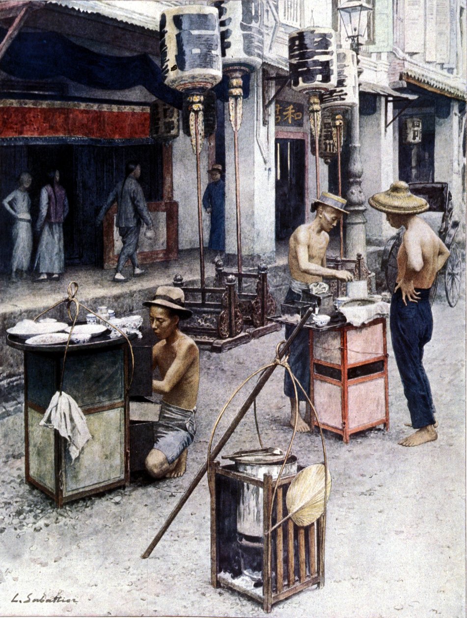 Mobilní restaurace v čínské čtvrti Singapuru. Ilustrace L. Sabatier. 19. století. od Louis Remy Sabattier