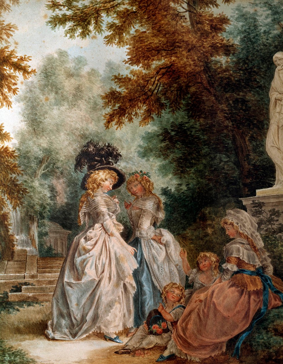 Procházka parkem Elegantní mladé ženy při chvilce relaxace v zahradě. Akvarel od Louise Trinquesse (1746-1800) 18. století. Paříž, Musee Carnavalet od Louis Rolland Trinquesse