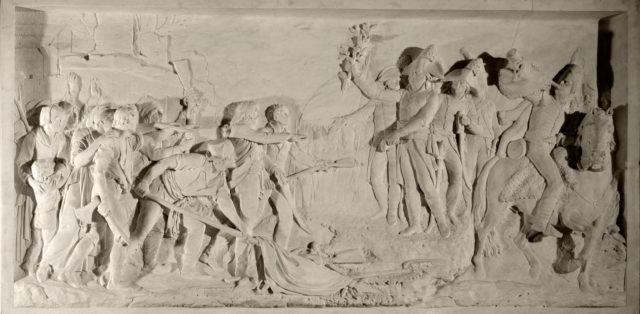 Válka Vendee: pacifikace Vendee generálem Lazarem Hochem (1768-1797) v roce 1796. Nízký reliéf v mramoru vyřezaný Simonem Louisem Boizotem (1743-1809). 1800. Versailles, zámecké muzeum od Louis Simon Boizot