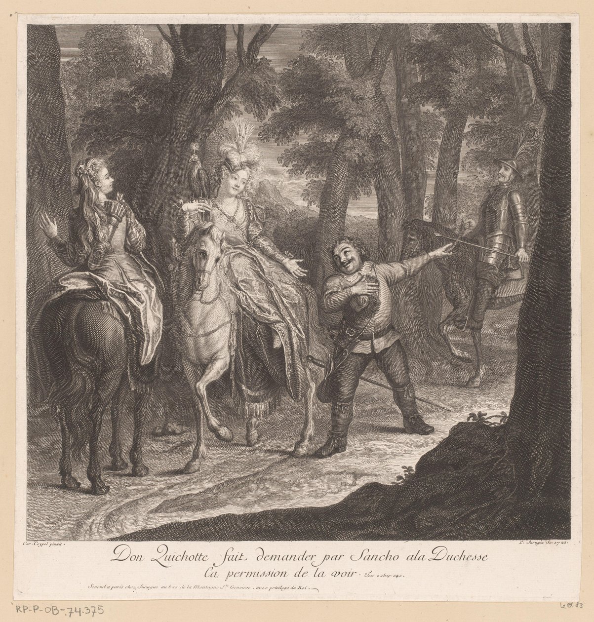 Don Quijote nechá Sancha požádat vévodkyni o povolení ji vidět Don Quichotte fait demander par Sancho ala Duchesse ca povolení de la voir (titul na předmětu) Historie Dona Quijota z La Mancha (název série) od Louis Surugue