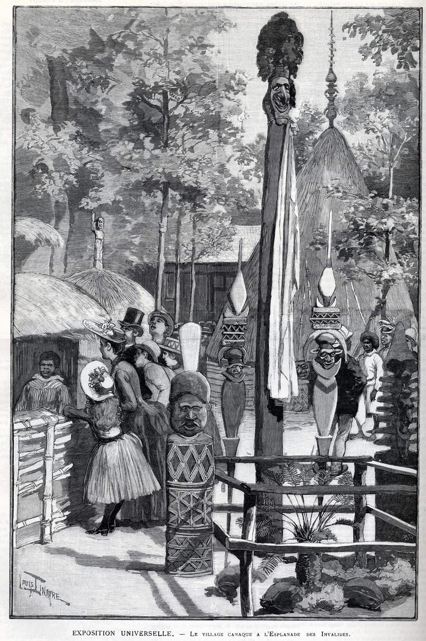 Expozice Universelle 1889 - Vesnice canaque na Esplanade des Invalides (canaque vystavené během výstavy: Zoo Humane). Kresba Louis Tinayre (1861-1942) - v „“The Illustrous World““ z 22.7.1889. od Louis Tinayre