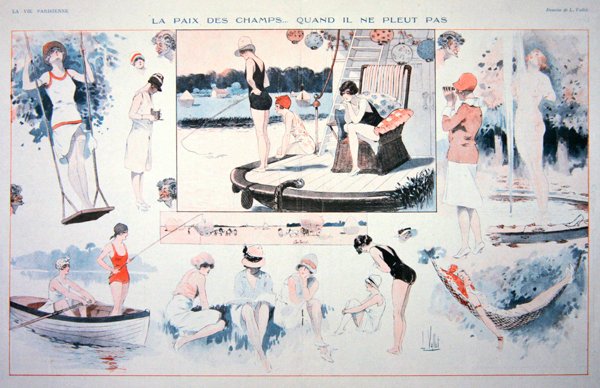Klidné časy na venkově....když neprší!, kolem 1930 (barevné lito) od Louis Vallet
