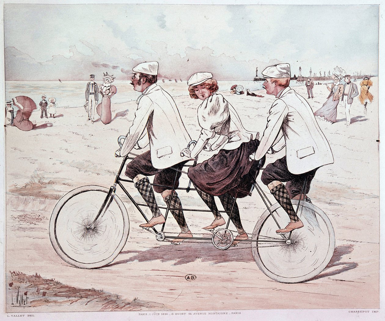 Tandem, tři lidé na kole na pláži - kresba L. Vallet od Louis Vallet