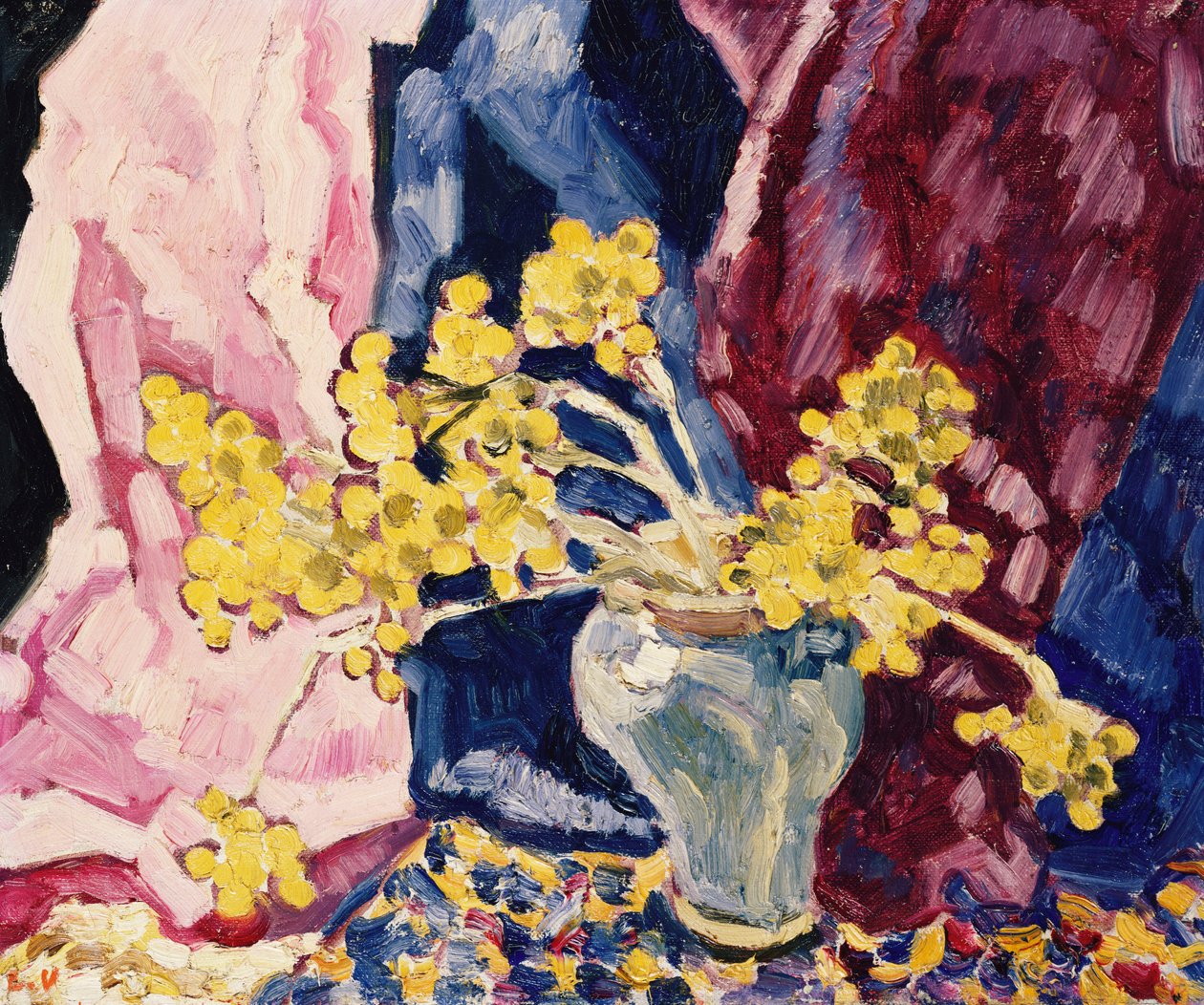 Modrá váza, žluté květy a závěsy, kolem roku 1938 (olej na plátně) od Louis Valtat