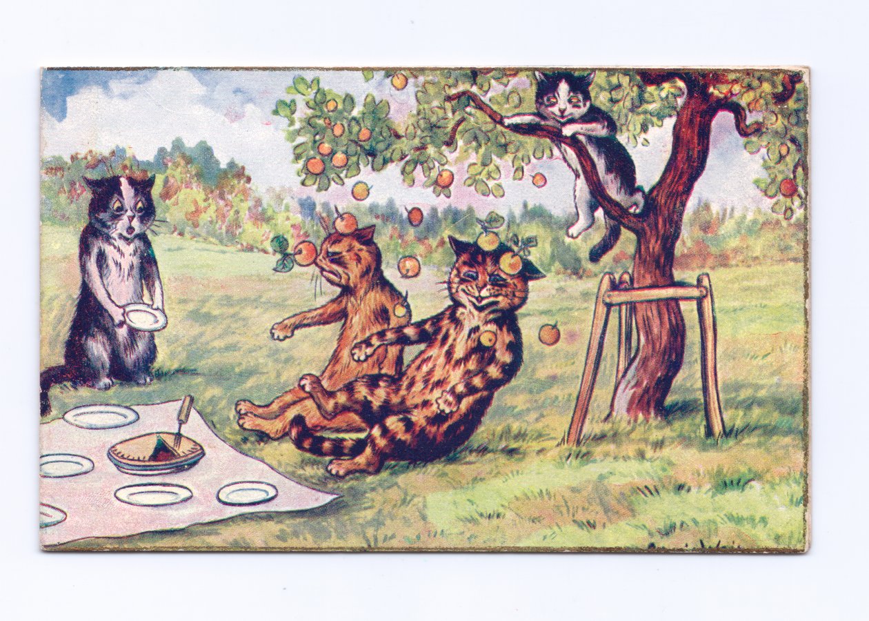 Viktoriánské přání jablka padajícího na dvě kočky na pikniku, kolem roku 1880 od Louis Wain