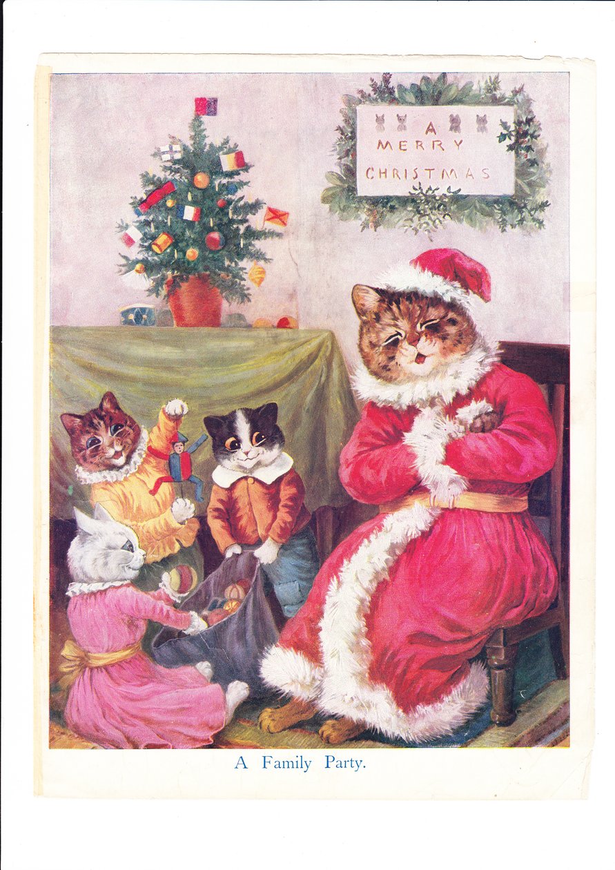 Tisk kočičího vánočního večírku od Louise Waina s antropomorfizovaným otcem kočkou oblečeným jako Father Christmas obklopený malými kočkami a vánočním stromkem, kolem roku 1890 (barva litho) od Louis Wain