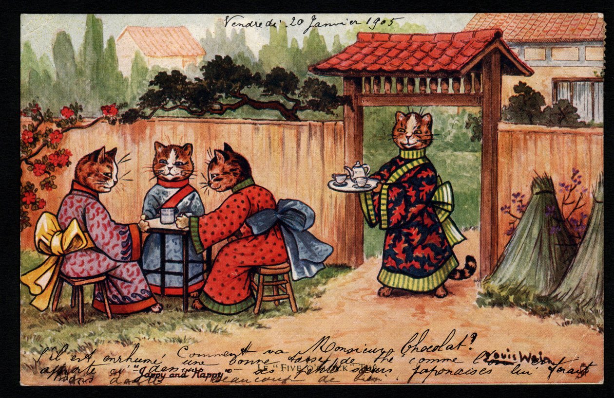 Zvířata v lidském držení těla. Kočka v kimonu pije čaj v japonské zahradě. Pohlednice. Chromolitograf od Louise Waina (1860-1939), anglického umělce známého svým zobrazením koček s velkýma očima. Začátek 20. století. Sbírka pr od Louis Wain