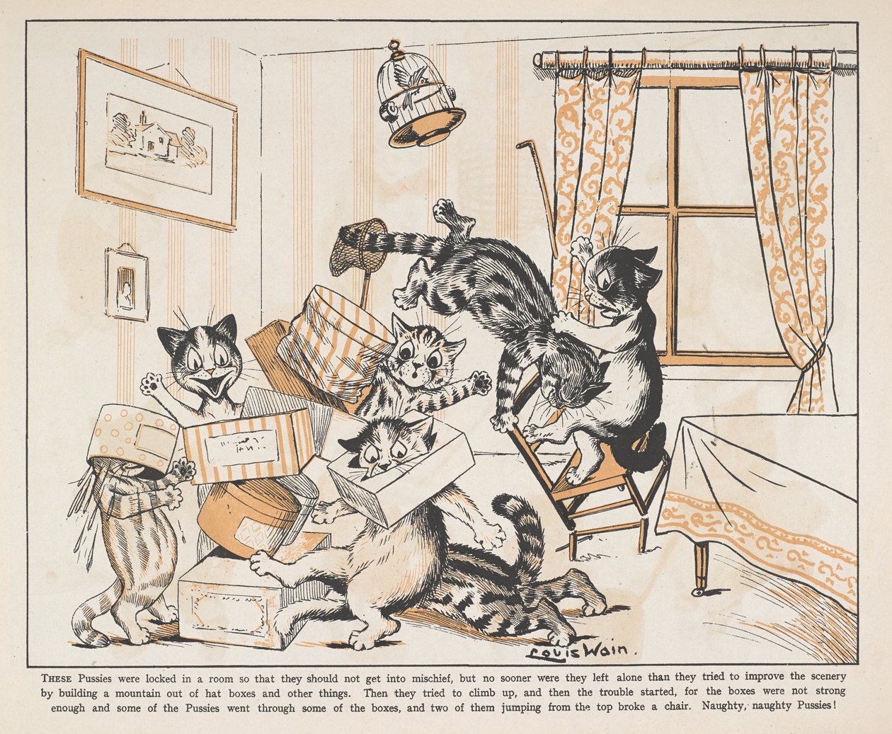 Kočky si hrají s krabicemi v místnosti. od Louis Wain