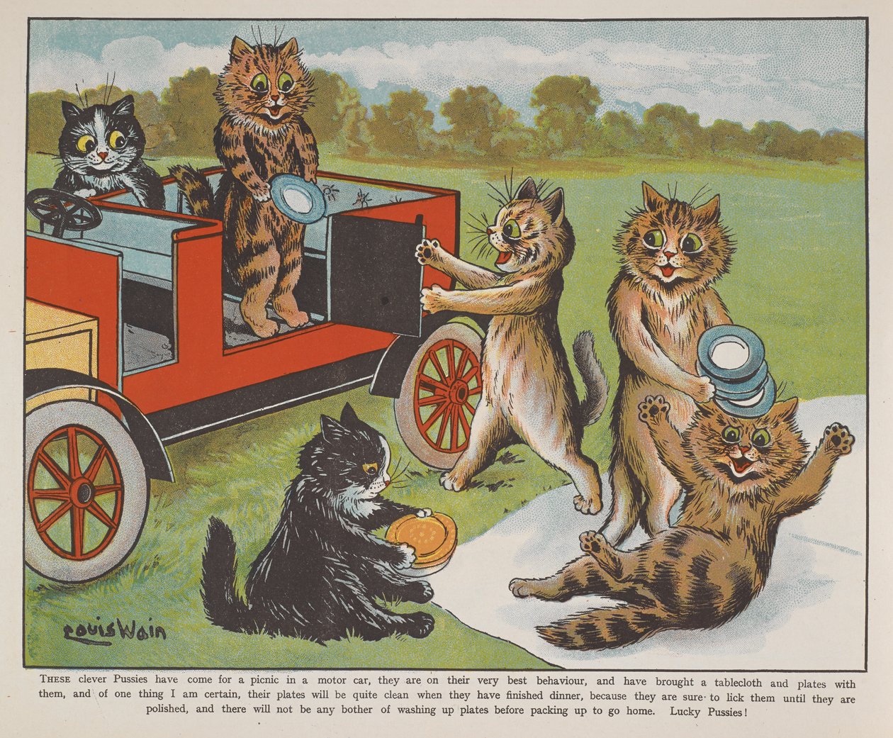 Kočky se připravují na piknik. od Louis Wain