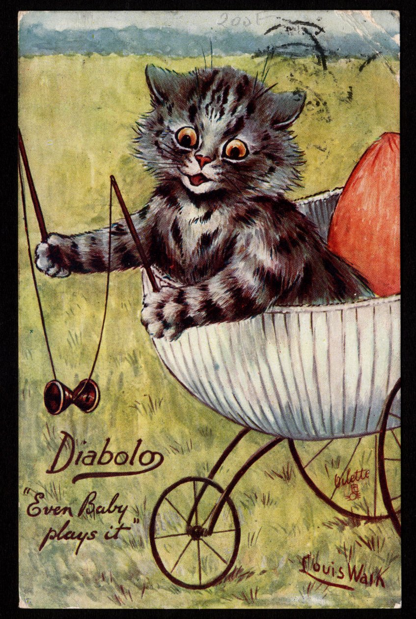 Diabolo. Hraje to i miminko. Zvířata v lidském držení těla. Kotě si hraje s diabolem v kolébce. Pohlednice. Chromolitograf od Louise Waina (1860-1939), anglického umělce známého svým zobrazením koček s velkýma očima. Začátek 20 od Louis Wain