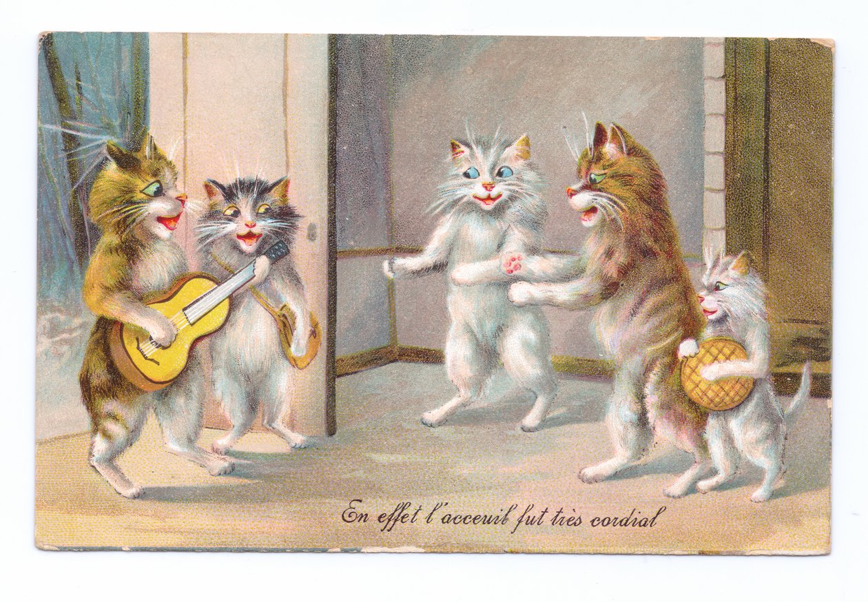 Edwardiánská pohlednice kočky hrající na kytaru se třemi dalšími kočkami a kotětem, kolem roku 1910 od Louis Wain