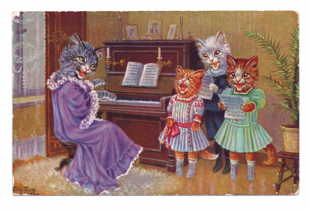 Edvardovská pohlednice čtyř koček v lidských šatech kolem klavíru se zpěvem, kolem roku 1910 od Louis Wain