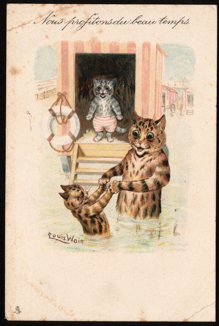 Využíváme dobrého počasí. Zvířata v lidském držení těla. Kočičí mořská koupel na dovolené. Pohlednice. Chromolitograf od Louise Waina (1860-1939), anglického umělce známého svým zobrazením koček s velkýma očima. Začátek 20. století. Límec od Louis Wain