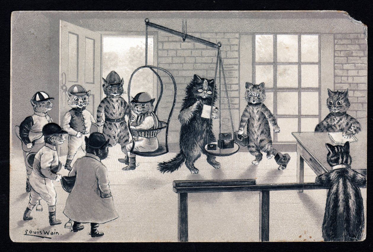 Využíváme dobrého počasí. Zvířata v lidském držení těla. Kočičí žokej se váží na váze. Pohlednice. Chromolitograf od Louise Waina (1860-1939), anglického umělce známého svým zobrazením koček s velkýma očima. Začátek 20 od Louis Wain