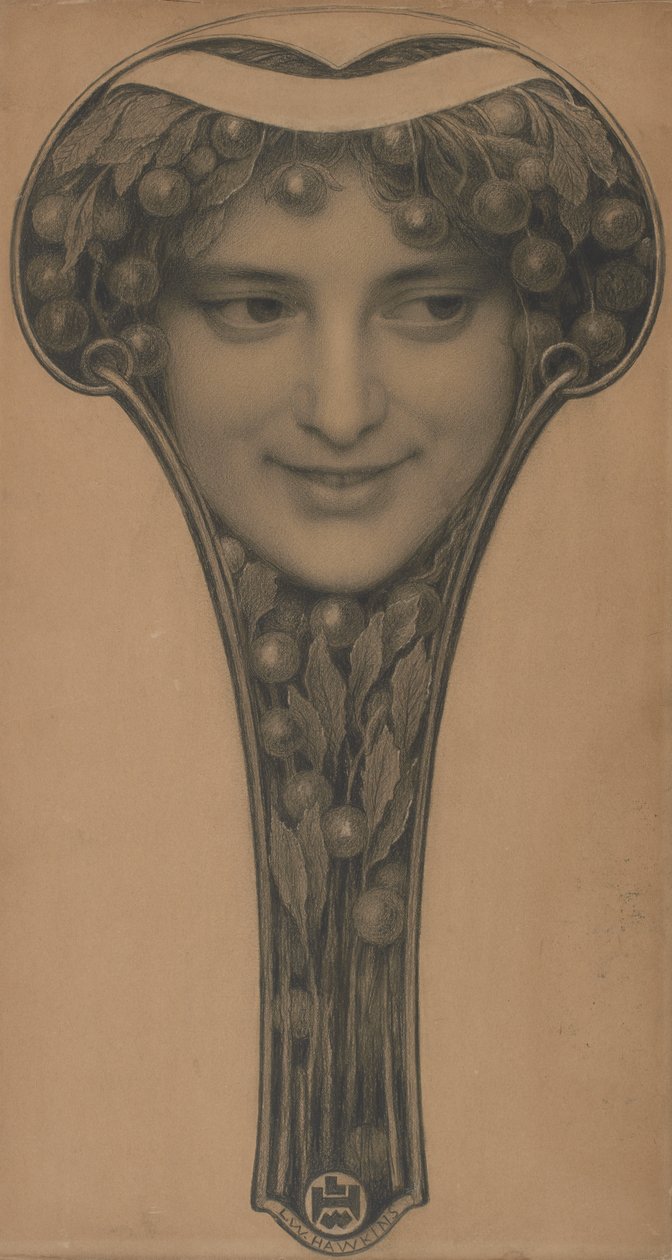 Masque, cca 1900 (černá křída a tužka na světle hnědém papíře) od Louis Welden Hawkins