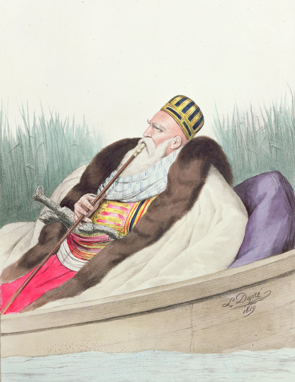 Ali de Tebelen (1741-1822), paša z Janiny, kresba z přírody na jezeře Butrinto od Louis after Dupre