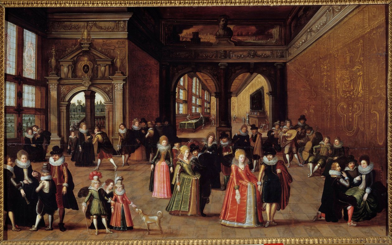 Bal na dvoře Jindřicha IV. Obraz Louise De Cauleryho (známého jako Mistr Knihy skic Leningradu) (asi 1580-po 1621), kolem 1610. Olej na dřevě. Rozměr: 0,50 x 0,98 m. Rennes, Muzeum výtvarných umění od Louis de Caulery