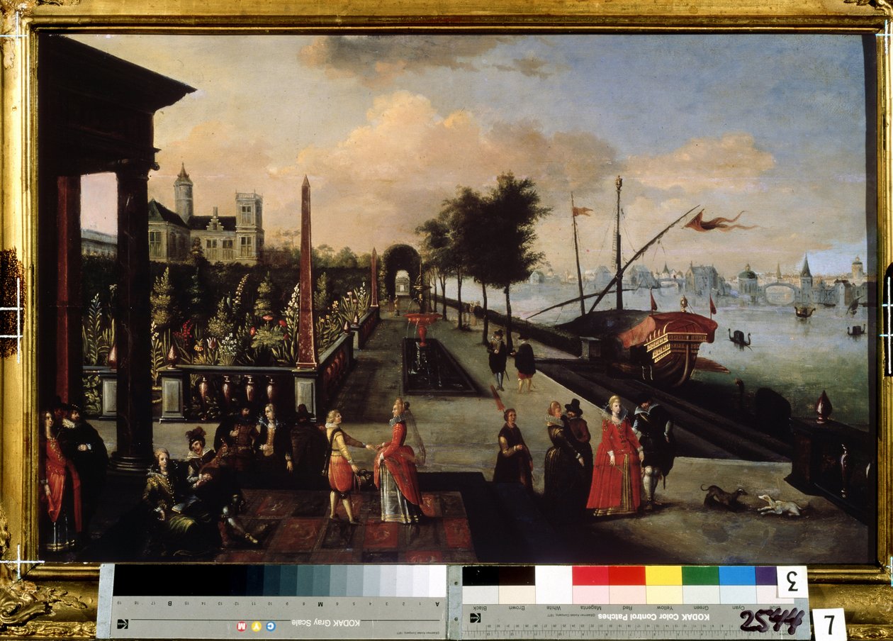 ""Promenáda podél moře"" Pohled na město pravděpodobně v Holandsku. Obraz Louise de Cauley (známý jako mistr Knihy skic Leningradu) (kolem 1580- po 1621). Muzeum Radishchev ze 17. století, Saratov, Rusko od Louis de Caulery