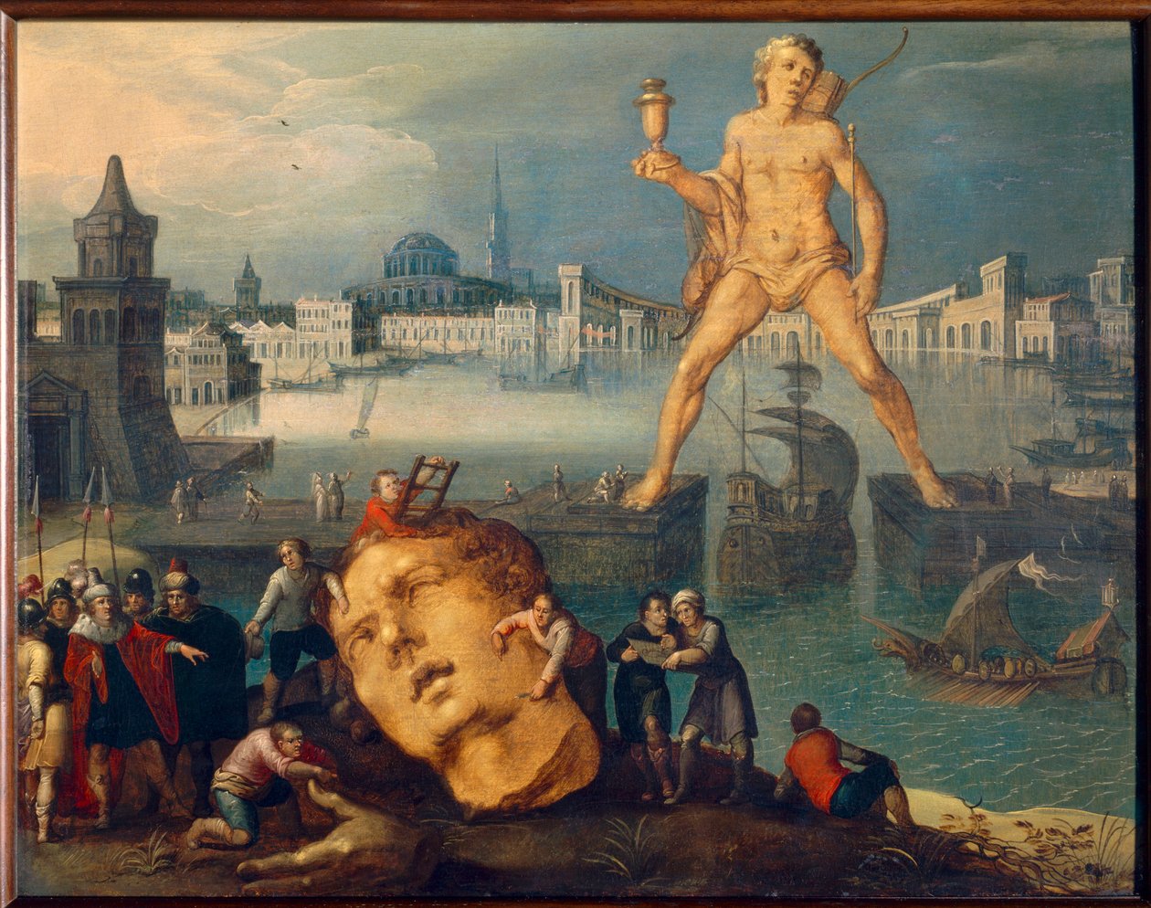 Sedm divů světa: „Rhodský kolos“ (Colosso di Rodi) Obraz Louise de Caulleryho (známého jako Mistr Knihy skic Leningradu) (kolem 1580 – po 1621) Slunce 17. století. 0,35x0,46m od Louis de Caulery