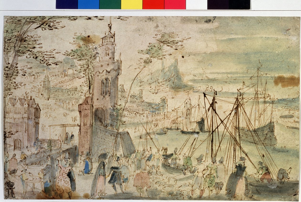 ""Výhled na přístav"" Nizozemský přístav. Akvarel a pero Louis de Caury (známý jako mistr knihy skic Leningradu) (kolem 1580- po 1621) Puškinovo muzeum ze 17. století, Moskva, Rusko od Louis de Caulery