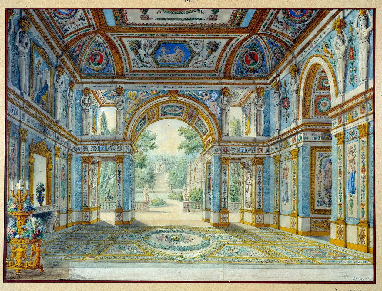 Portico paláce, který se otevírá do parku. Rytina Louis De Saint Ange (1780-1831) od Louis de Saint Ange Desmaisons
