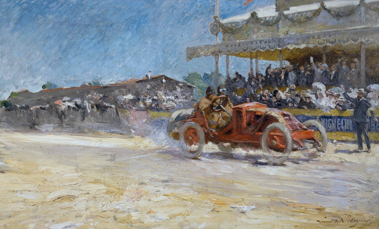 První Grand Prix Automobile Club de France v roce 1906, příjezd vítěze, Compiegne, Francie, obraz Louis-Marie de Schryver (1862-1942) od Louis de Schryver