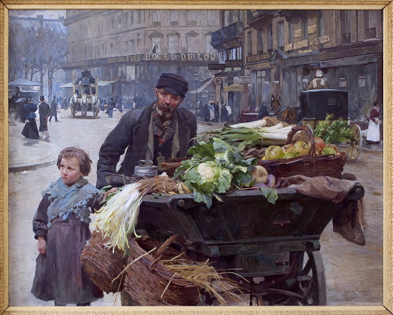 Obchodník čtyř ročních období v Paříži. Za ním Hotel du Louvre (1. obvod) Obraz Louis Marie de Schryver (1862-1942), olej na plátně od Louis de Schryver