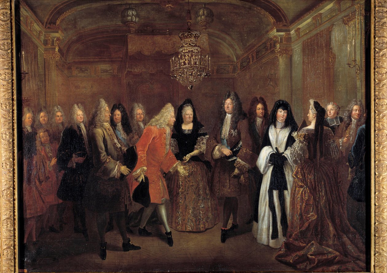 Král Ludvík XIV. (1638-1715) přijal prince Frederika Augusta Saského od Alžběty Charlotte d