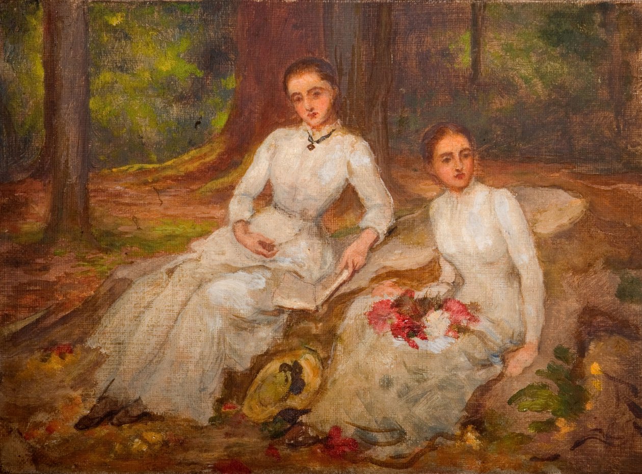 Dvě ženy v bílém sedící na zalesněné mýtině, 1900. od Louisa Starr