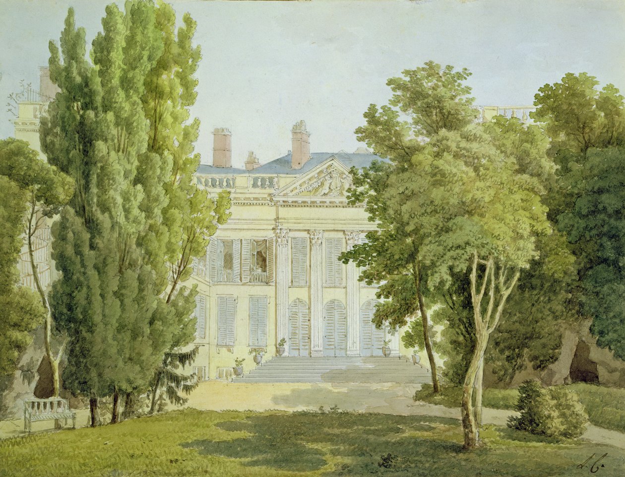 Pohled na Maison de la Reine, Paříž, 1811 (černá křída a wc na papíře) od Louise Cochelet