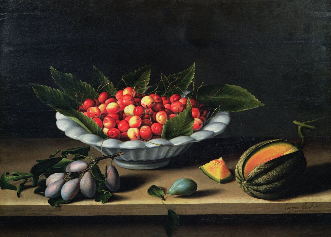 Mísa třešní se švestkami a melounem, 1635 od Louise Moillon