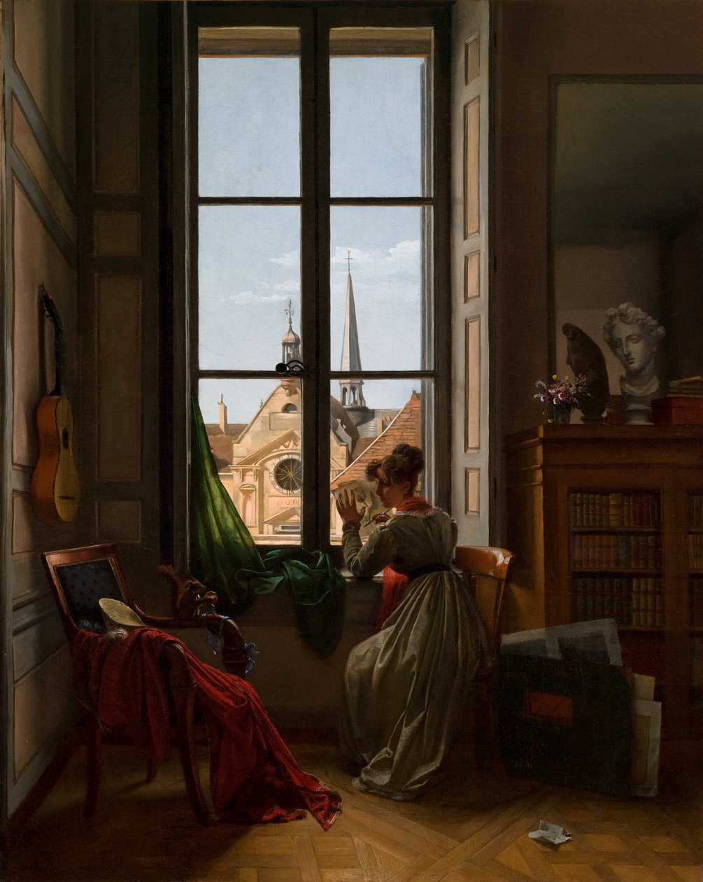 Interiér s mladou ženou obkreslující květinu, asi 1820-22 (olej na plátně) od Louise Adeone Droelling