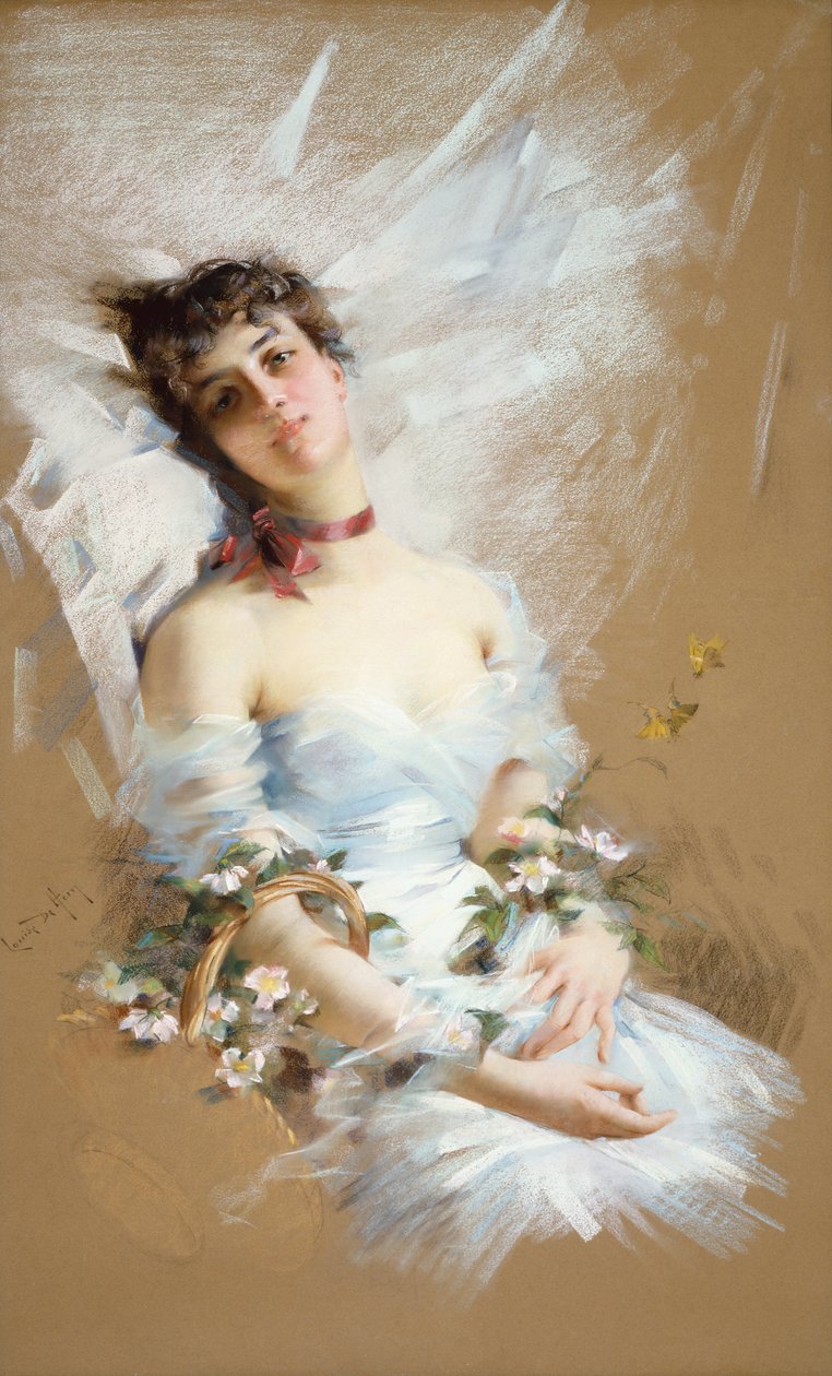 Ležící kráska s košíky květin (pastel na papíře) od Louise De Hem