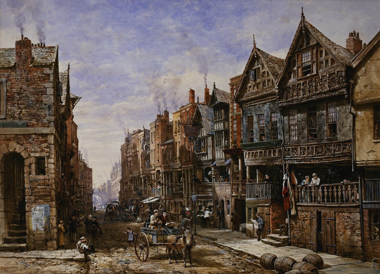 Chester: Watergate Street z rohu Crook Street, s Eastgate Beyond, od Louise Ingram Rayner