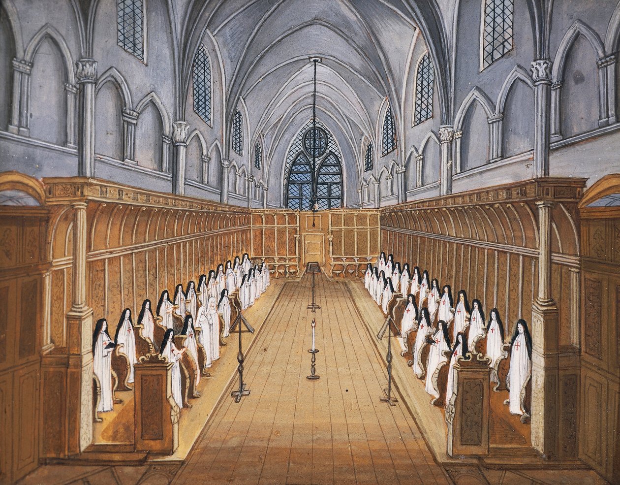 Port-Royal des Champs Abbey, sbor jeptišek v kostele (kresba) od Louise Magdeleine Hortemels