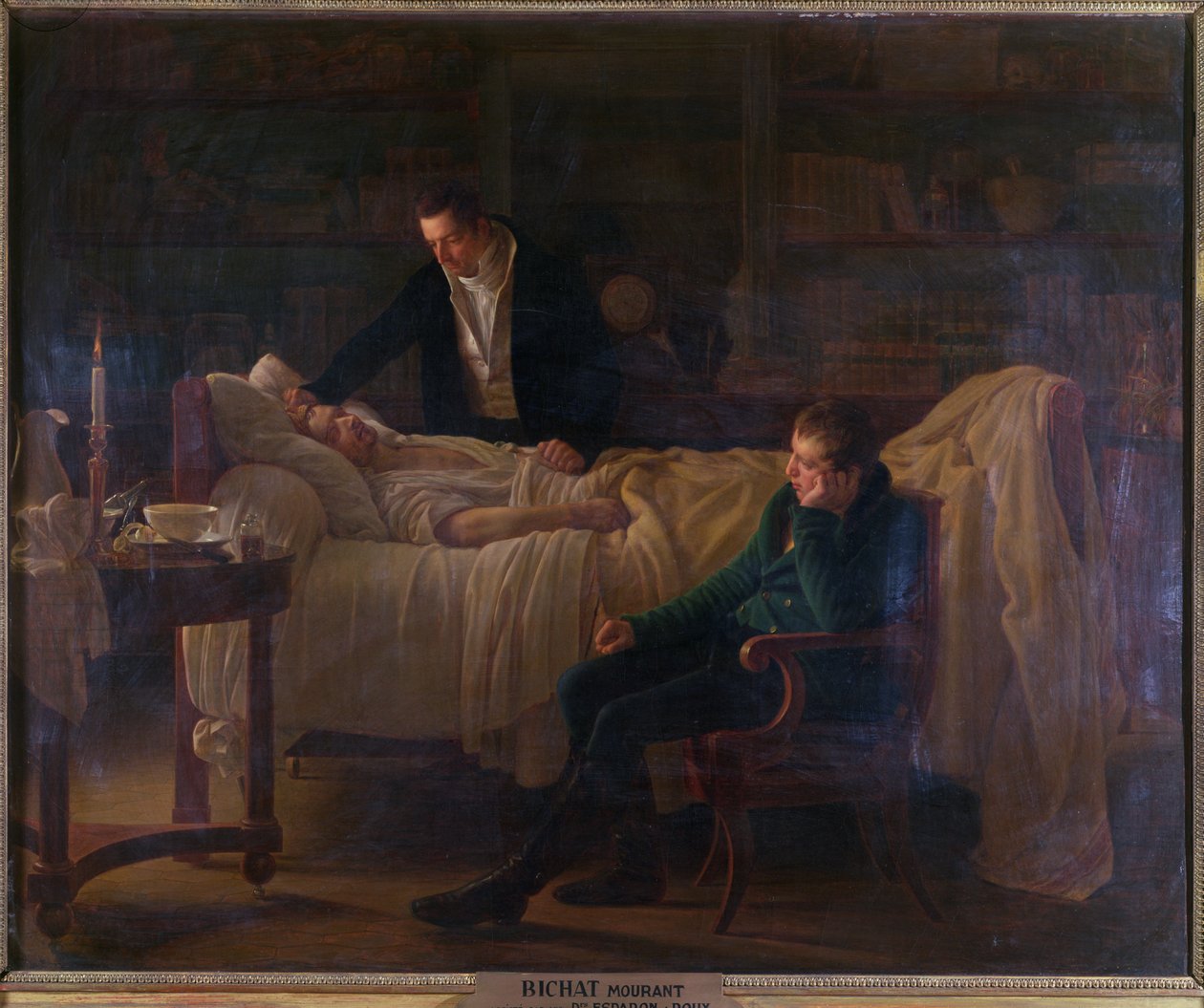 Marie Francois Xavier Bichat (1771-1802) umírá obklopena lékaři Esparonem a Philibertem Josephem Rouxovými (1780-1854) od Louise Marie Jeanne Hersent