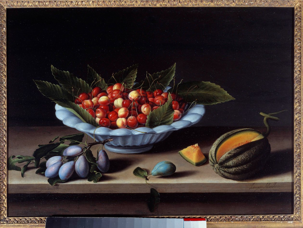 Šálek třešní, švestek a melounu Obraz Louise Moillon (1610-1696) 1633 Ne. 0,48x0,65 m od Louise Moillon