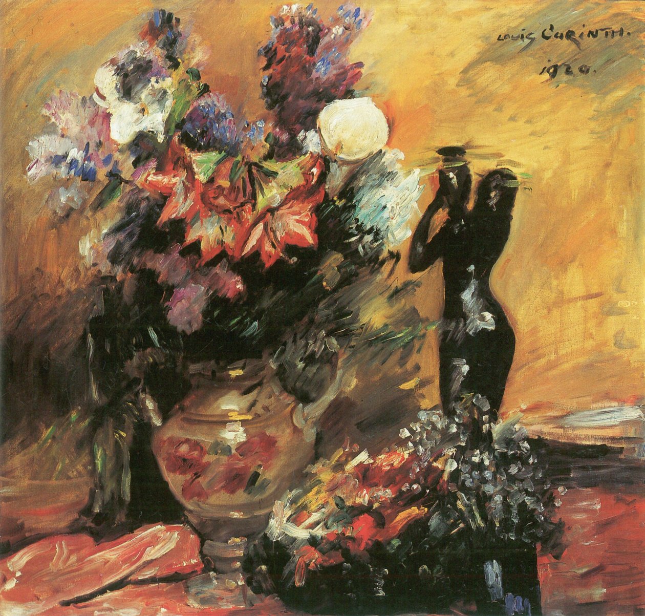 Calla a šeřík s bronzovou figurkou od Lovis Corinth