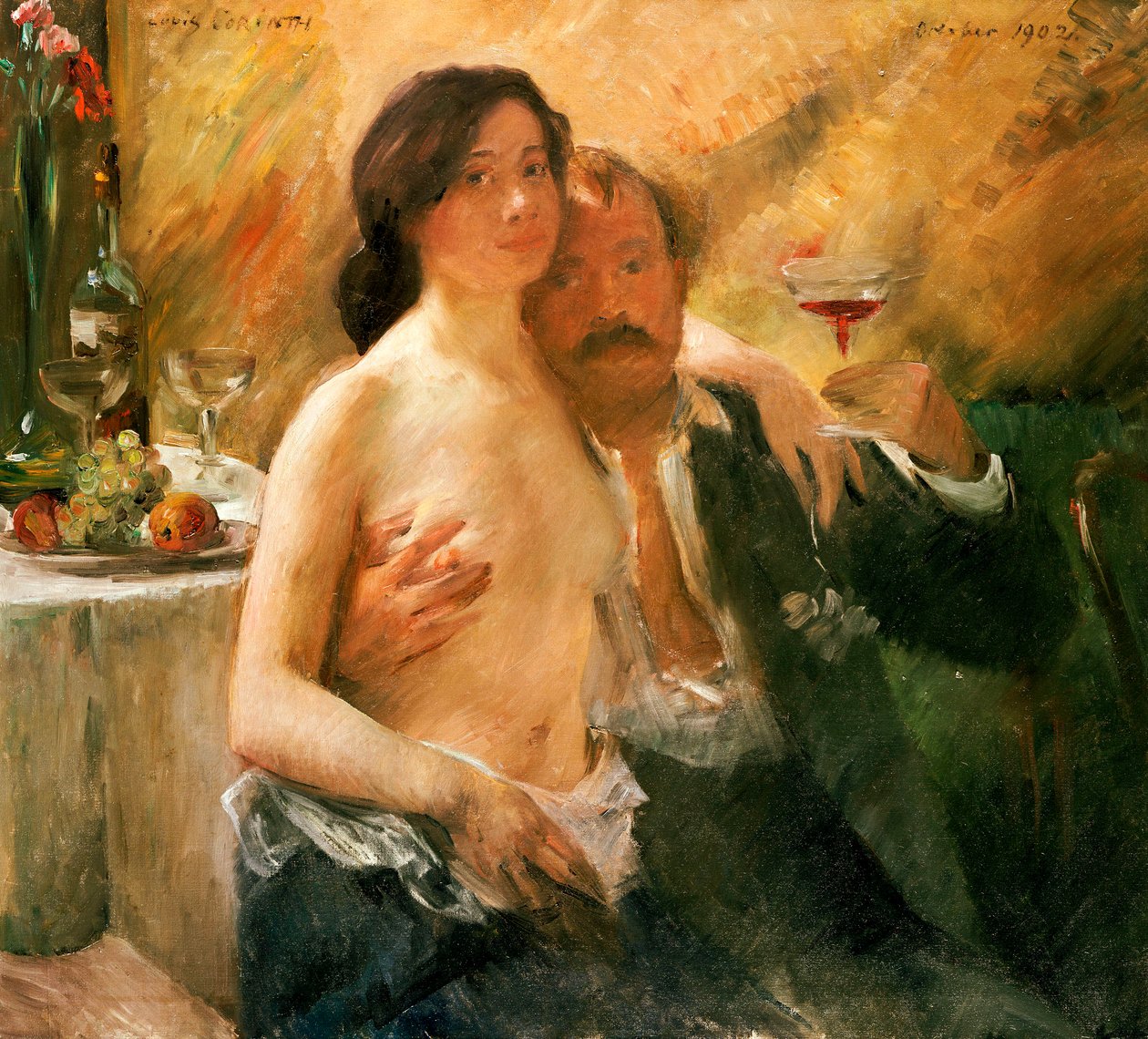 Autoportrét s nahou ženou a sklem od Lovis  Corinth