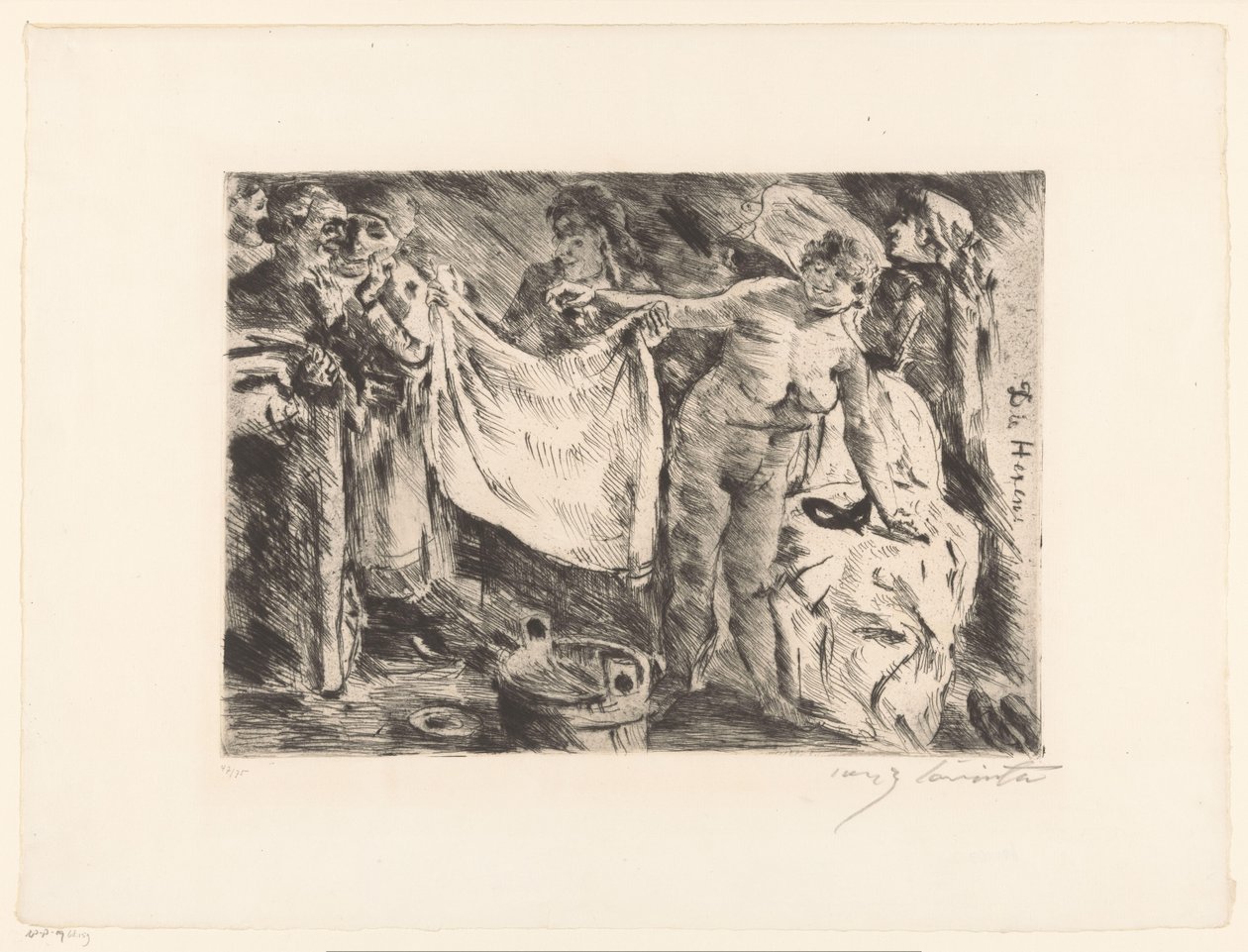 Skupina žen, jedna nahá a další zvedající látku Die Hexen (název na objektu) od Lovis Corinth (signed by artist)